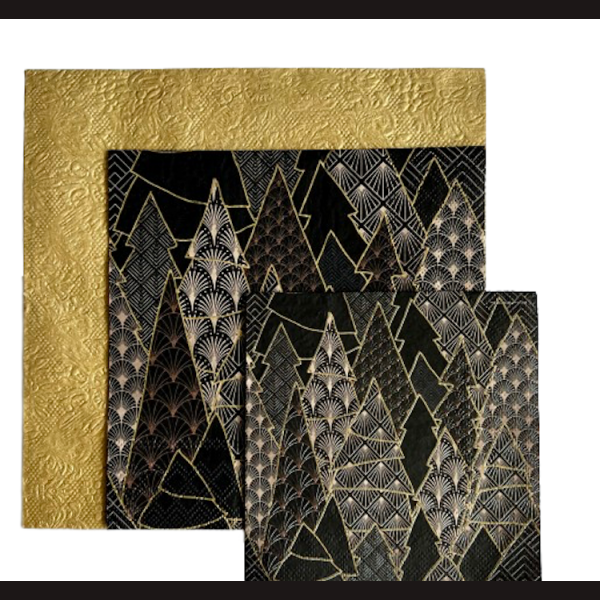 TableART Glamour trifft auf SCHWARZ &amp; GOLD 3er Set hochw. Papierservietten Gold uni &amp; Schwarzes deSIGN