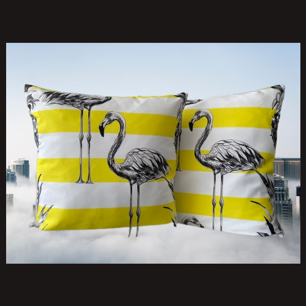 JungleART Collection Deko Kissen deSIGN  &gt;Yellow &amp; Flamingos&lt; SeidenOptik 45x45 cm