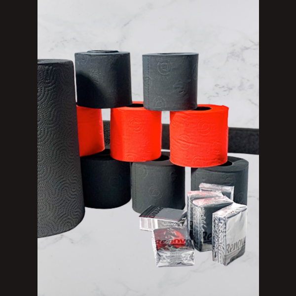 LUXURY MIX 4er Multipack deSIGN WC Papier gepr&auml;gt SCHWARZ &amp; ROT (6+3 Rollen) - XXL Handtuch-/K&uuml;chenrolle - Pocket Taschent&uuml;cher