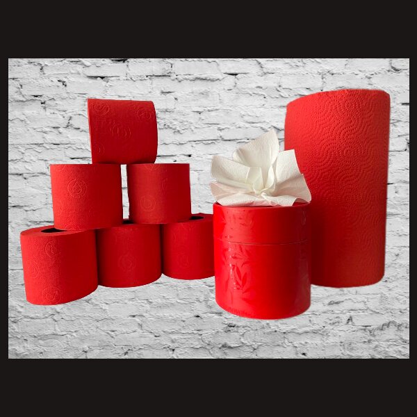 THINK RED! WC-Papier &amp; XXL Handtuch-Rolle &amp; parf&uuml;mierte Pocket Taschent&uuml;cher