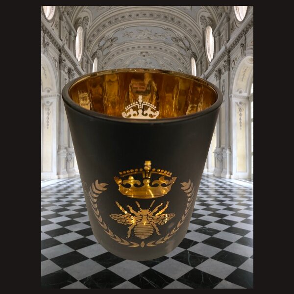 deSIGN WINDLICHT schwarzes Glas mit goldenem Motiv &gt; Krone &lt;