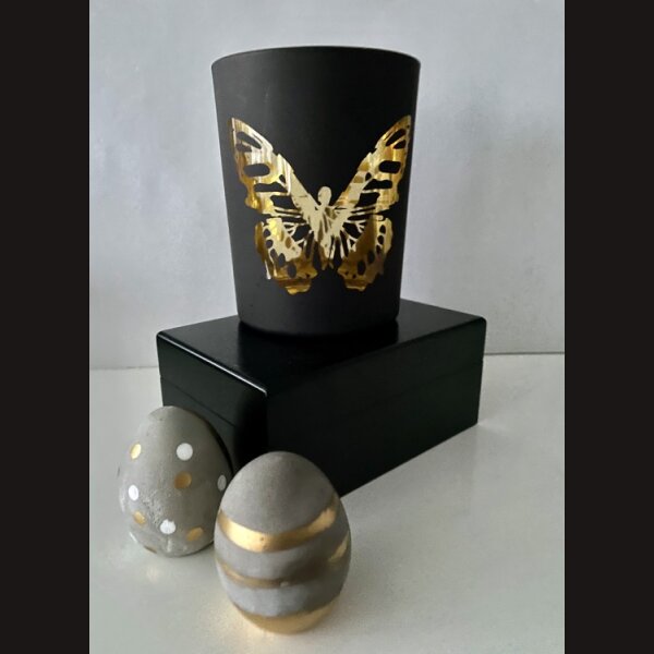 deSIGN WINDLICHT schwarzes Glas mit goldenem Motiv &gt; Butterfly &lt;