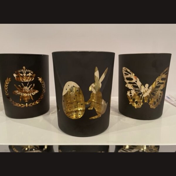 ROYALES WINDLICHT aus schwarzem Glas mit goldenem deSIGN &gt; Butterfly &lt;