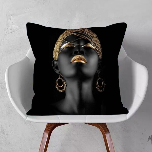 FOLKLORE Kissen H&uuml;lle Schwarz Collection Africa &quot;Womans face II&quot; - 45 x 45 cm Polyester Samt